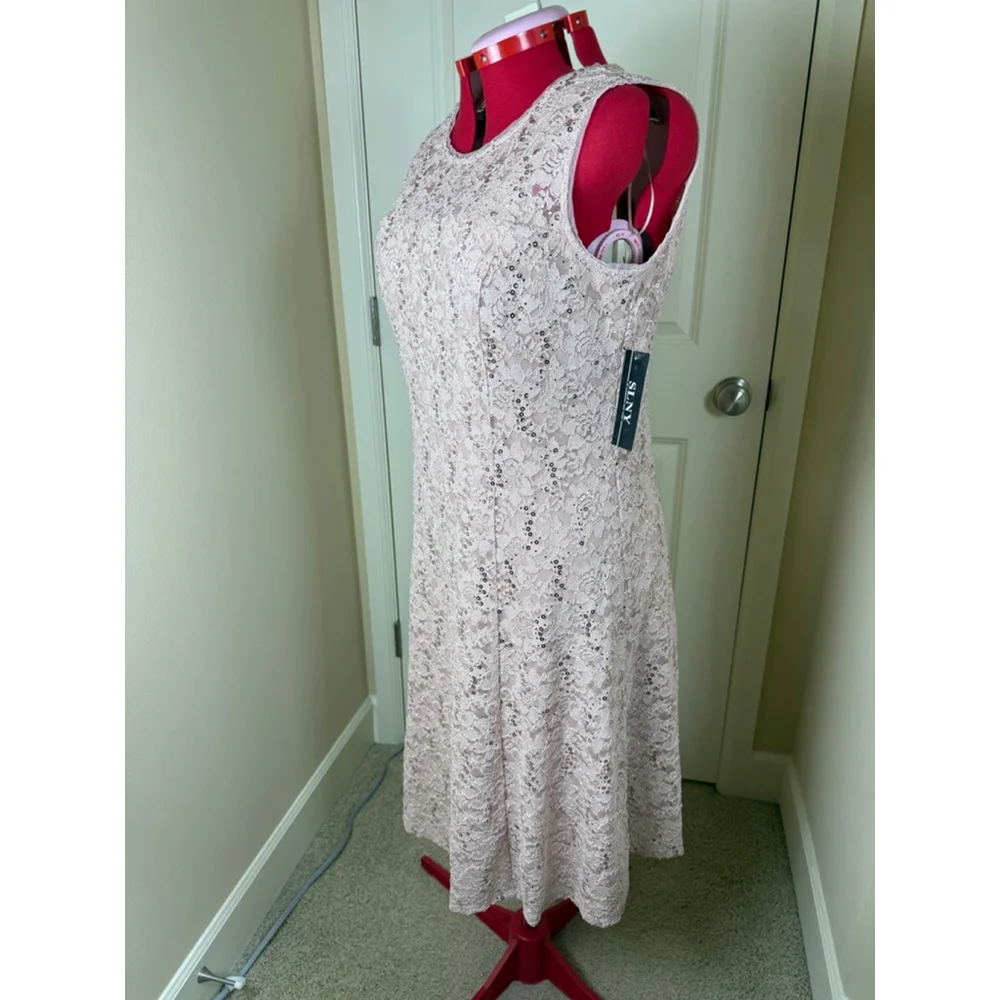 NWT Women's SLNY Plus 16 Blush Lace Sequin Midi Dress with Shrug 2PC Set